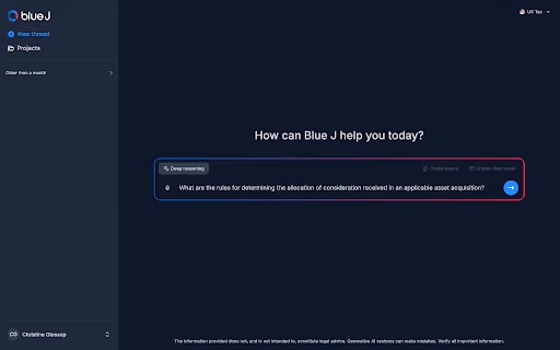 An image of the Blue J AI platform showing a prompt on "asset acquisition research" typed into the input box and Deep reasoning mode enabled.