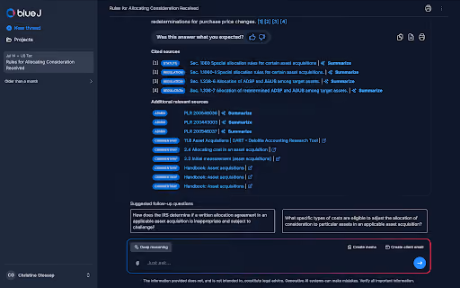 Blue J citation panel showing cited sources and additional relevant sources for a tax research answer, including Code sections, regulations, PLRs, and firm commentary, alongside suggested follow-up questions.