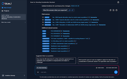 Blue J citation panel showing cited sources and additional relevant sources for a tax research answer, including Code sections, regulations, PLRs, and firm commentary, alongside suggested follow-up questions.