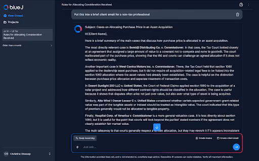 Blue J drafting screen showing a client email generated from research findings, summarizing case law on allocating purchase price in an asset acquisition for a non-tax professional recipient.