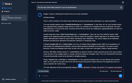 Blue J drafting screen showing a client email generated from research findings, summarizing case law on allocating purchase price in an asset acquisition for a non-tax professional recipient.