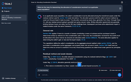 Blue J showing a cited answer to an asset acquisition tax question.