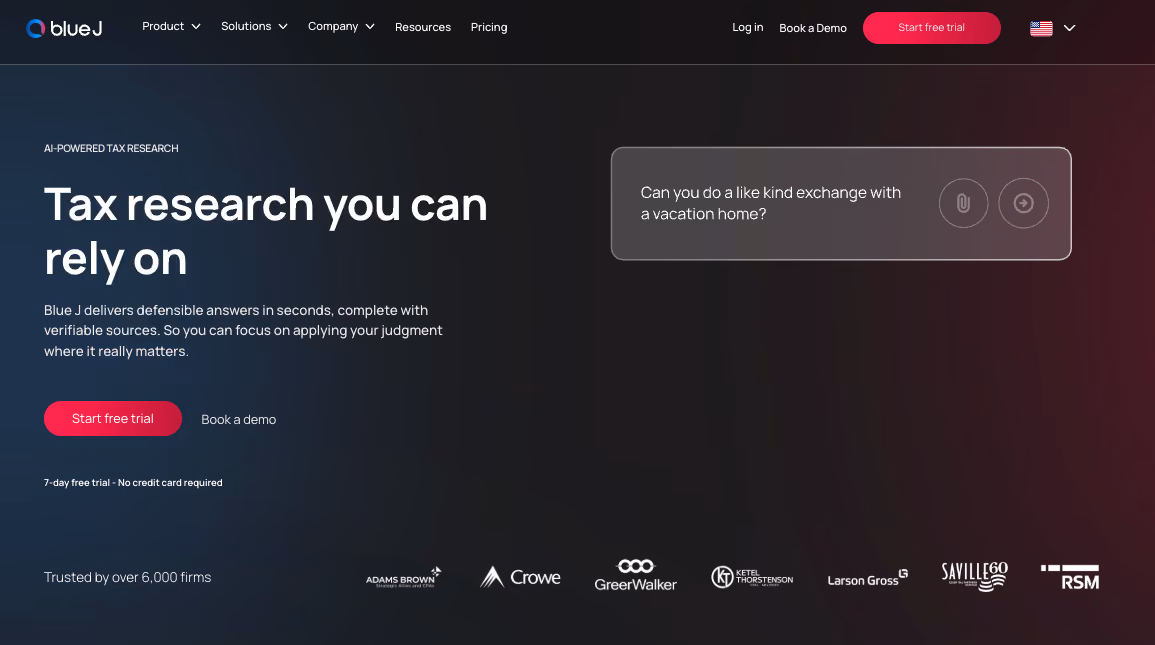 A screenshot image of Blue J's home page, listed as a CCH AnswerConnect alternative tool for tax research.