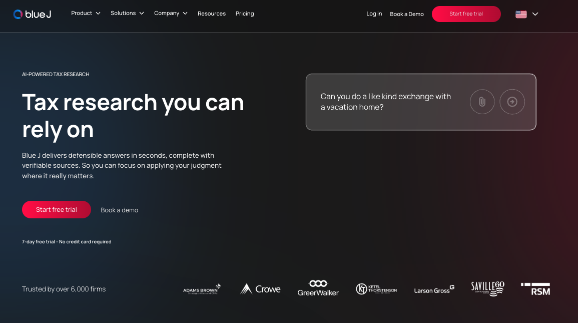 A screenshot image of Blue J's home page, listed as a CCH AnswerConnect alternative tool for tax research.