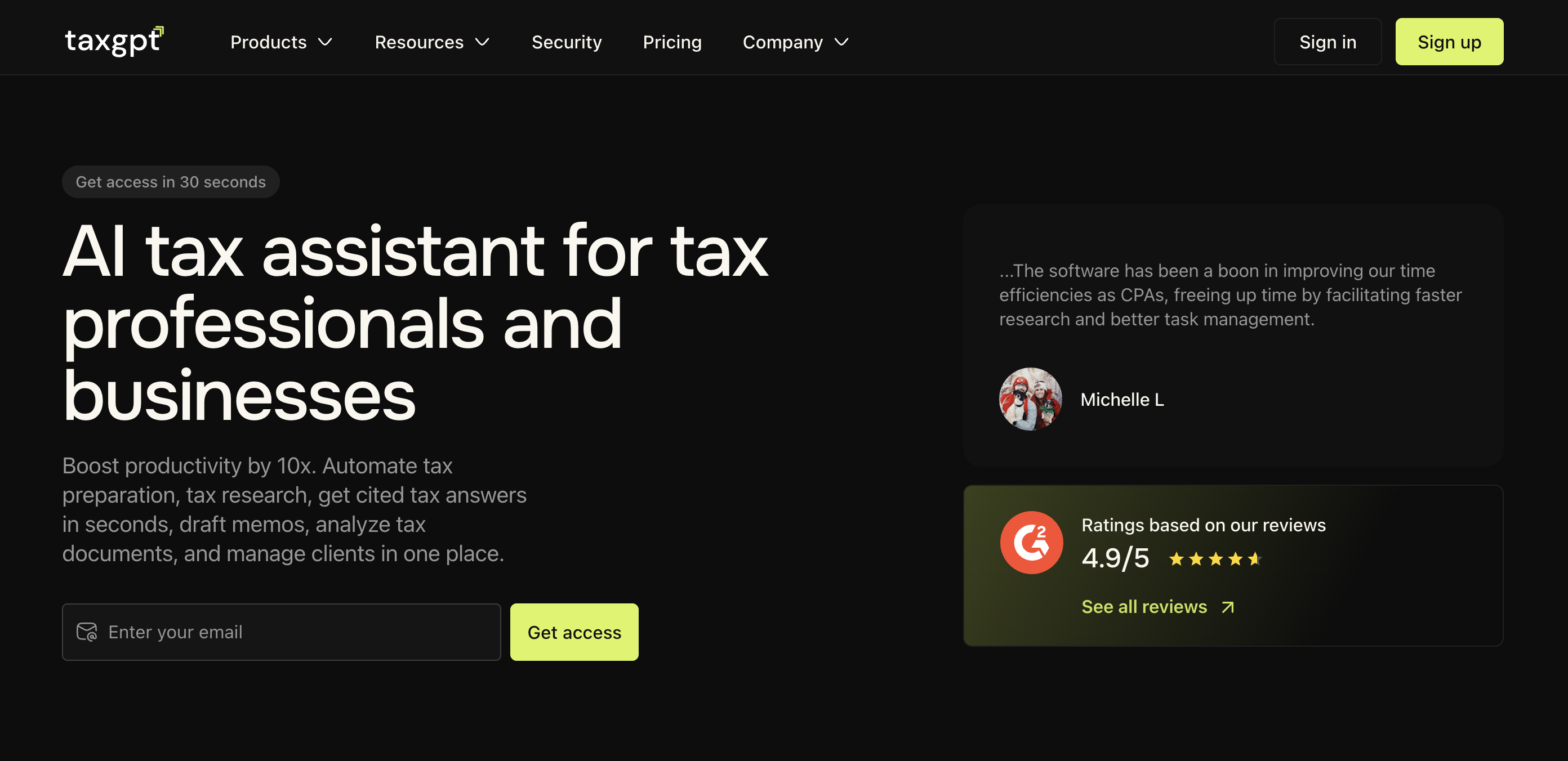 A screenshot image of the TaxGPT homepage showing an AI tax assistant platform for tax professionals and businesses