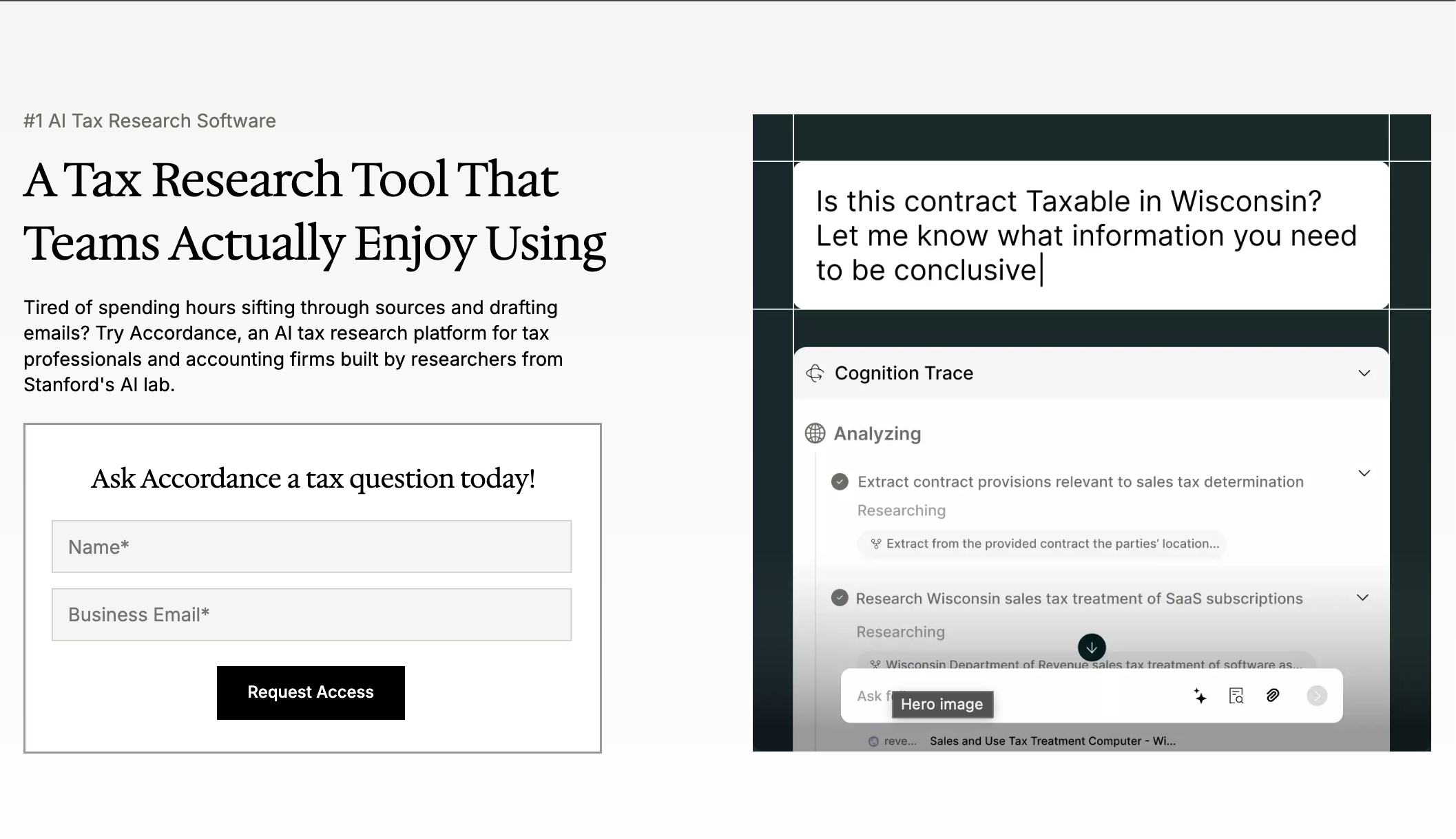 A screenshot of the Accordance home page, a tax question prompt, and an AI-generated research workflow.
