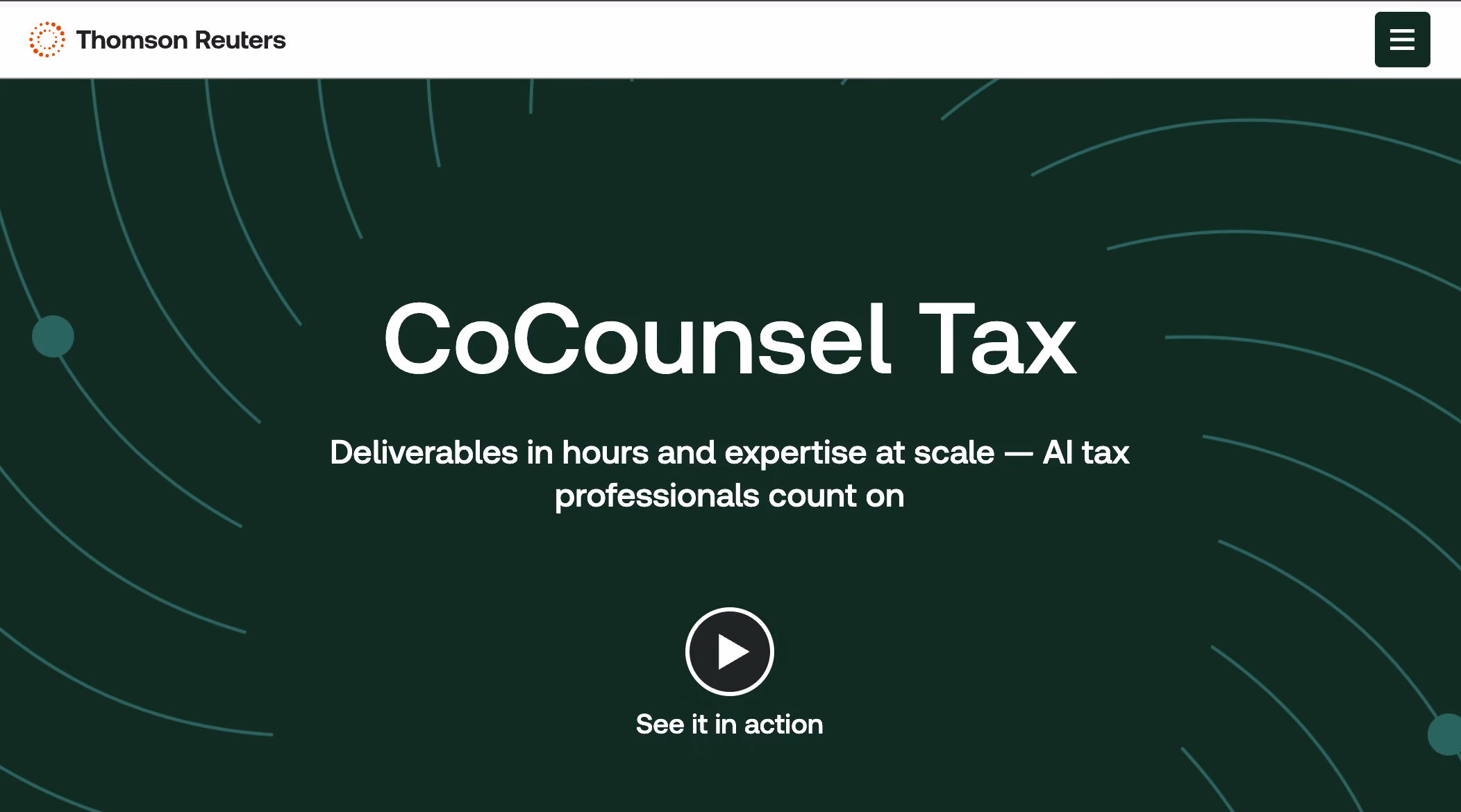 A screenshot of Thomson Reuters CoCounsel Tax homepage showing AI tax assistant platform for professional tax workflows