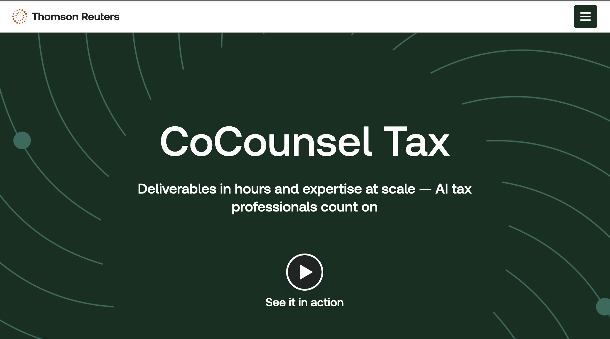 A screenshot of Thomson Reuters CoCounsel Tax homepage showing AI tax assistant platform for professional tax workflows