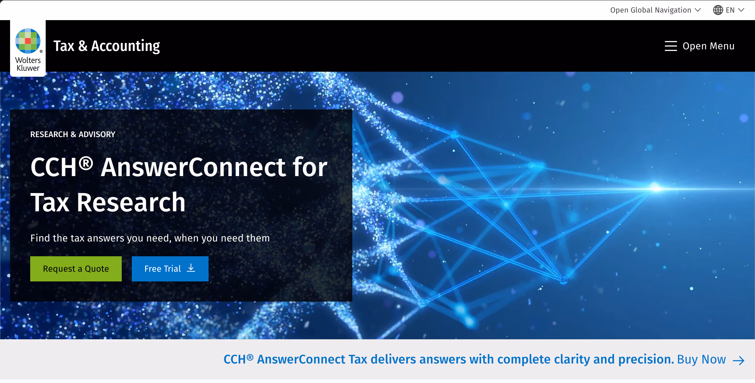 A screenshot of the CCH AnswerConnect for Tax Research homepage showing the Wolters Kluwer tax research platform with AI-powered research features
