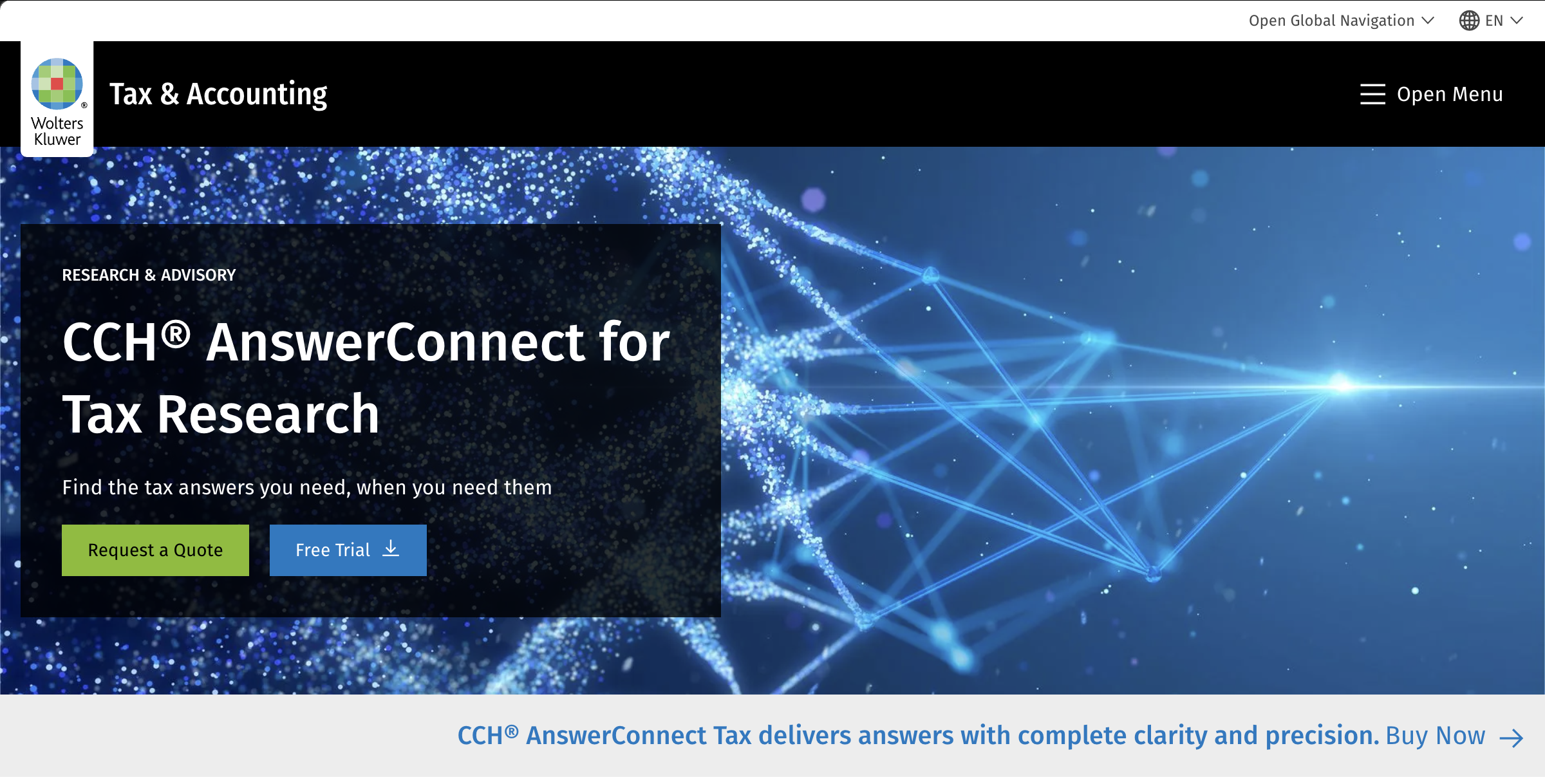 A screenshot of the CCH AnswerConnect for Tax Research homepage showing the Wolters Kluwer tax research platform with AI-powered research features