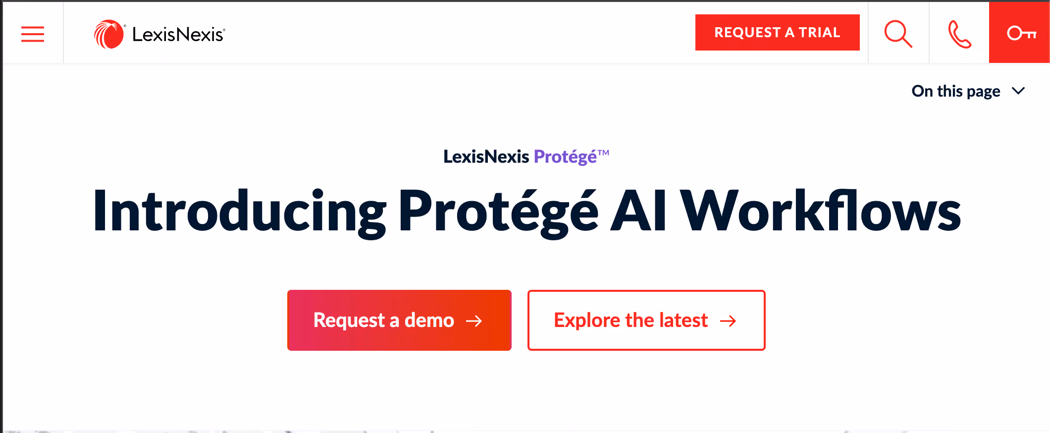A screenshot of LexisNexis Protégé AI homepage showing AI-powered tax research and workflow automation features