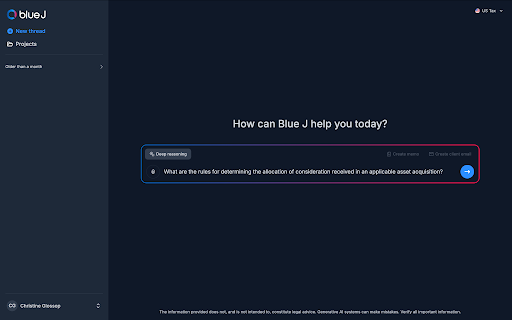 Blue J tax research interface showing a federal tax question entered in the search bar.
