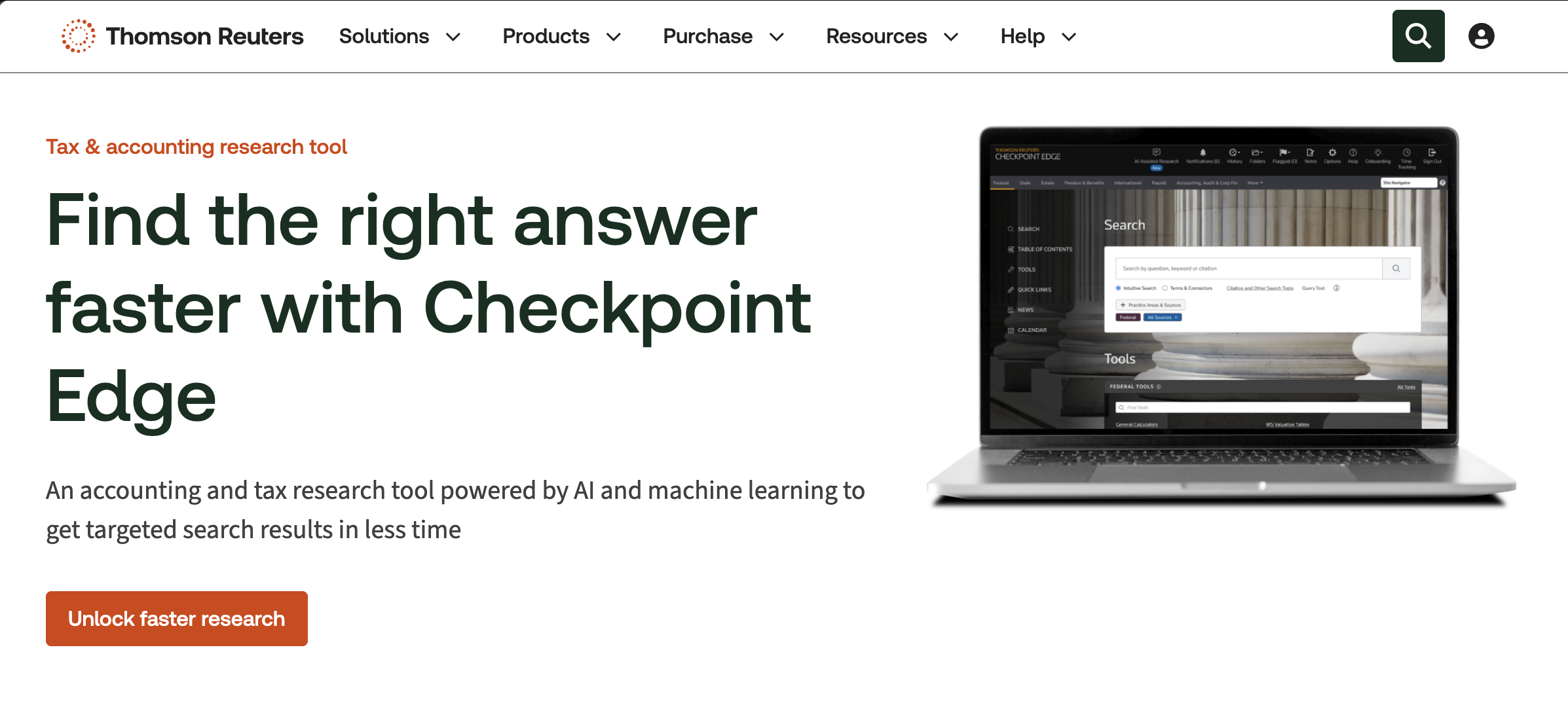 Thomson Reuters Checkpoint Edge tax research platform interface showing AI-powered search and accounting research tools.