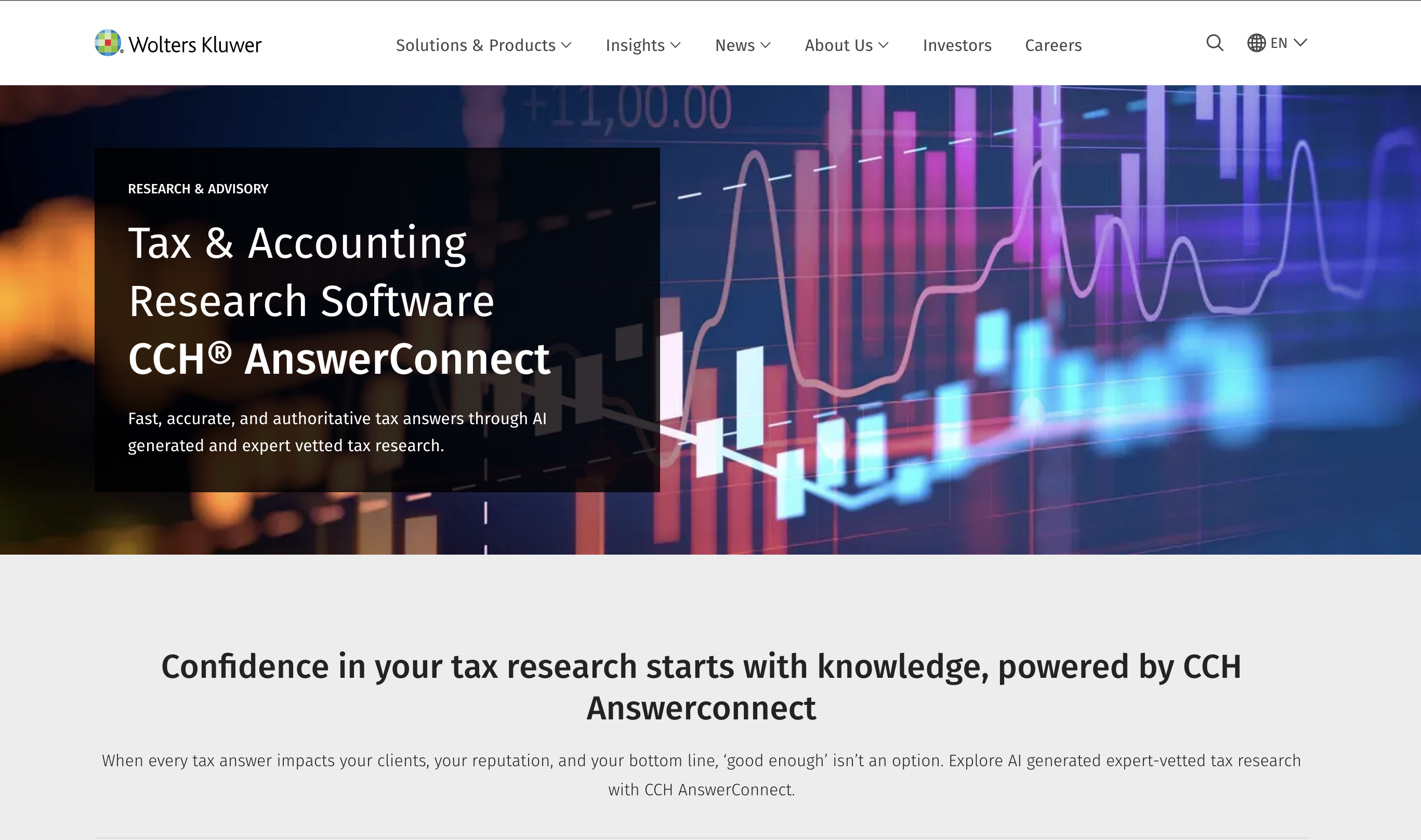 Wolters Kluwer CCH AnswerConnect tax research software homepage showing AI-powered tax answers and expert-vetted research features.