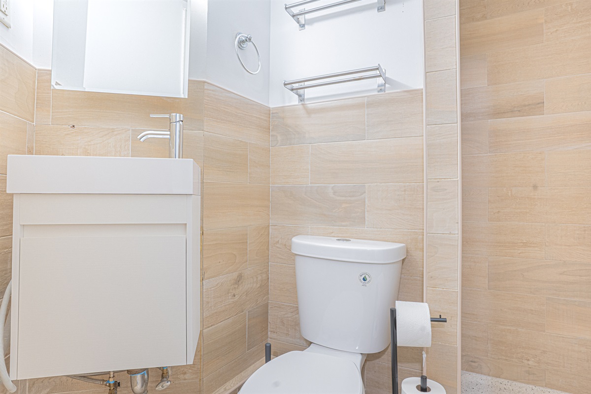 Renovated bathroom with a modern vanity, chrome fixtures, and warm wood-look tile — comfortable and move-in ready for yo