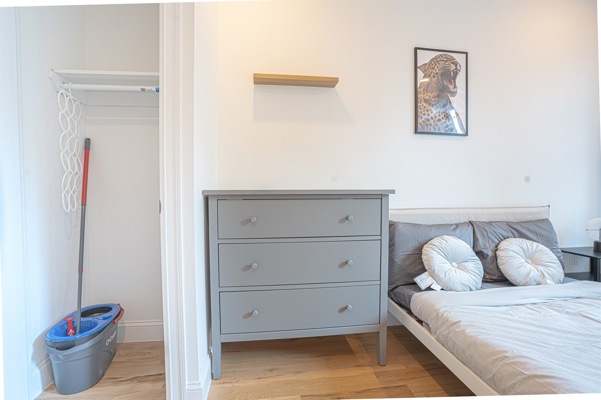 Chic bedroom with leopard art, grey bedding, and functional closet space