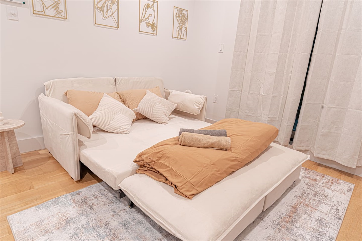 Plush queen-size sofa bed provides extra sleeping space in the stylish boho living room.