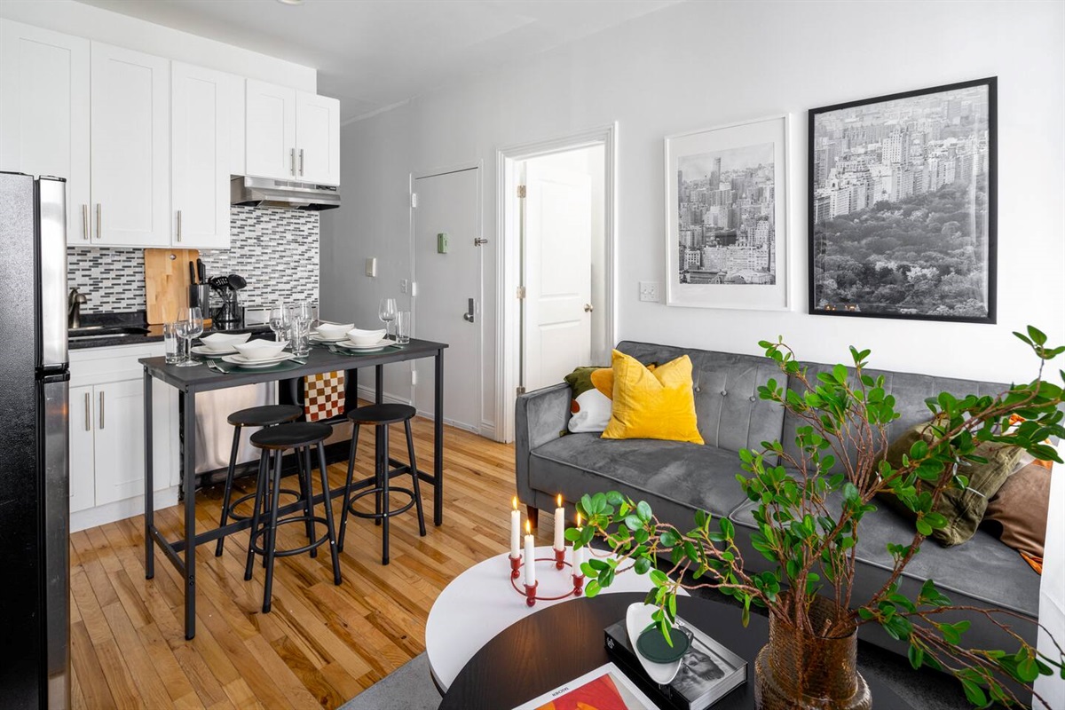 Open kitchen and lounge with vibrant decor and modern comforts