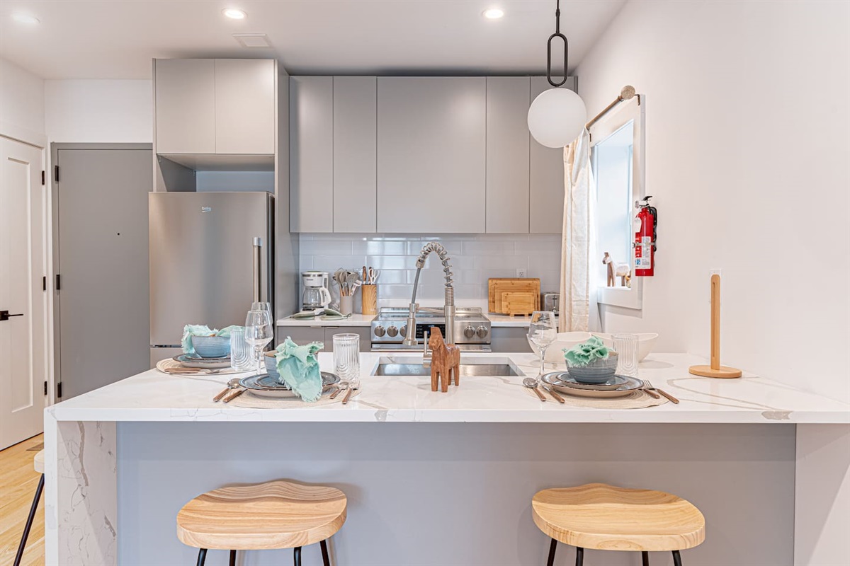 Fully equipped Scandinavian kitchen with stove, fridge and sleek cabinetry in Bushwick