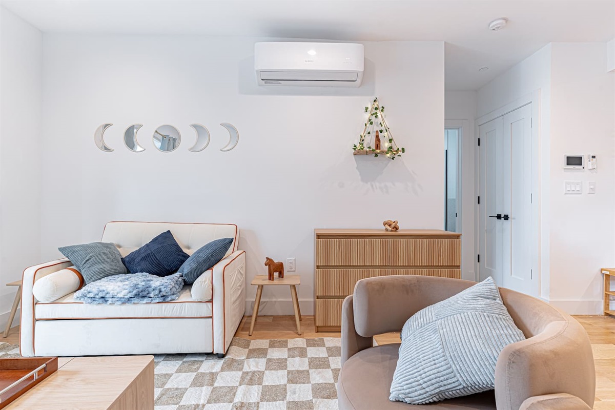 Open-plan living room with sofa, smart TV and balcony light in calm Scandinavian Bushwick home