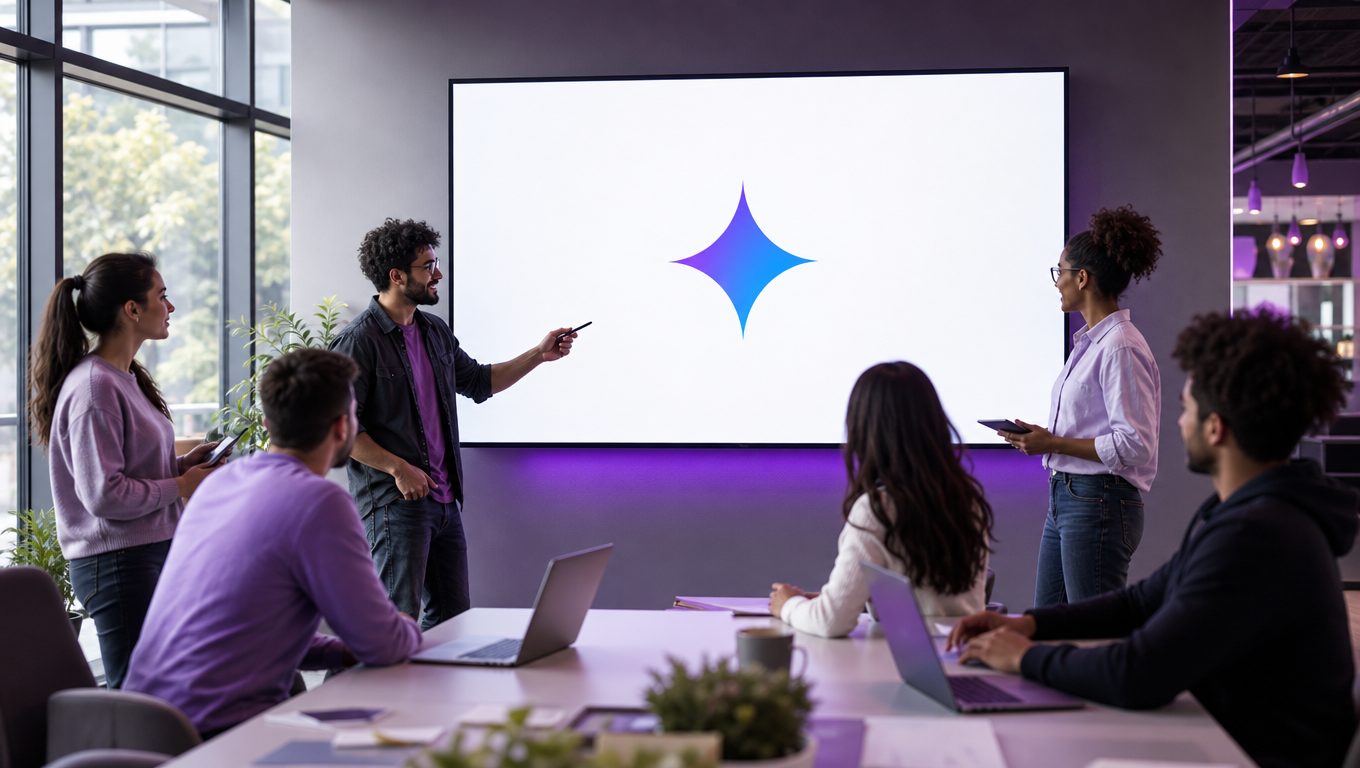 Équipe en formation devant un grand écran affichant le logo Google Gemini