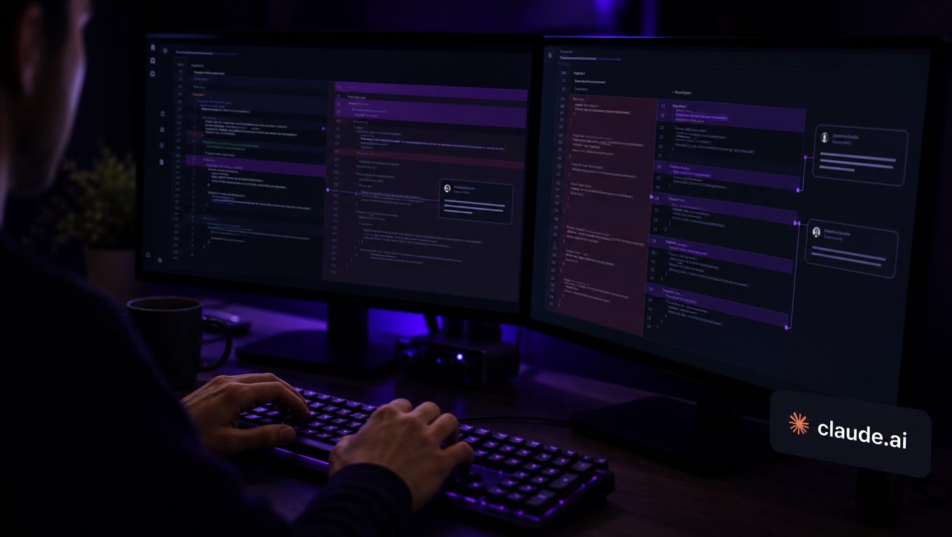 Développeur devant deux écrans de revue de code avec commentaires inline de Claude Code Review
