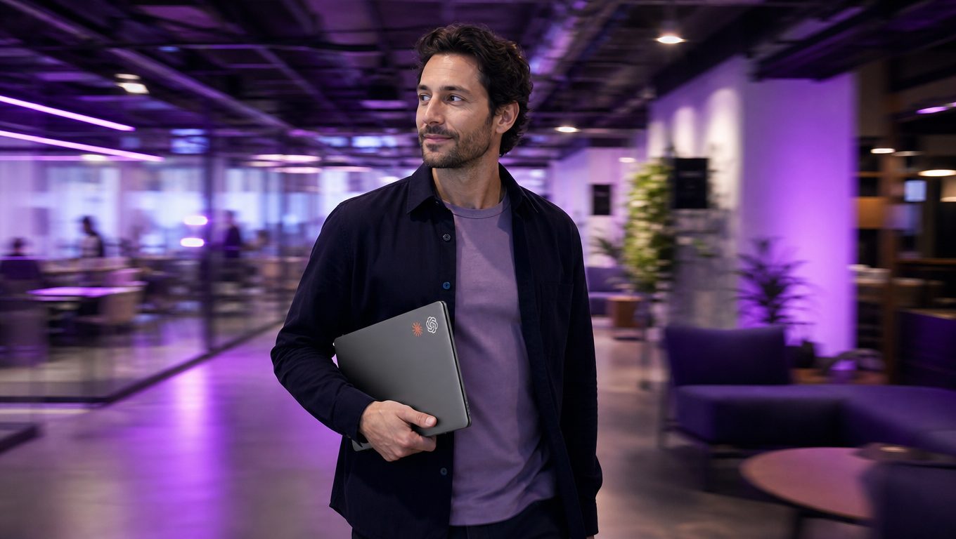 Consultant IA traversant un espace de coworking avec son ordinateur portable
