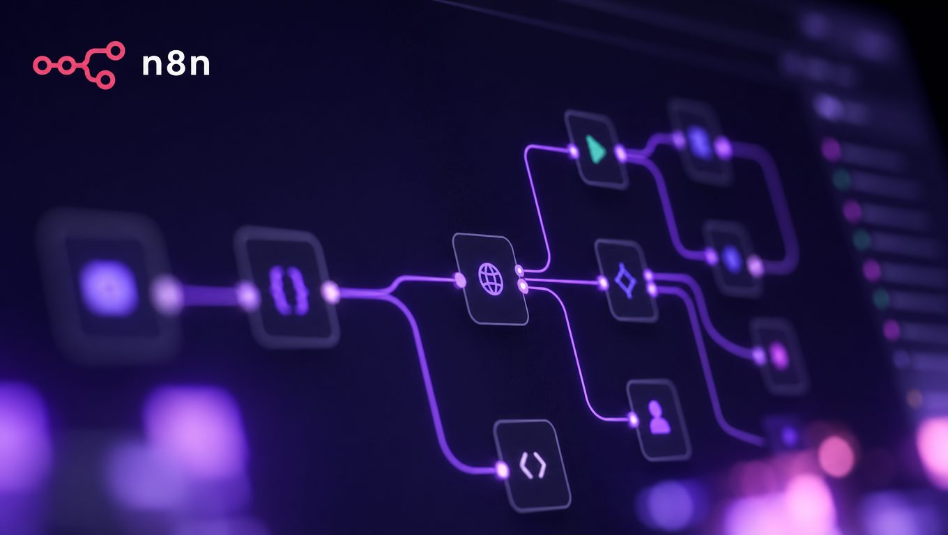 Éditeur de workflow n8n avec nœuds d'automatisation reliés en violet