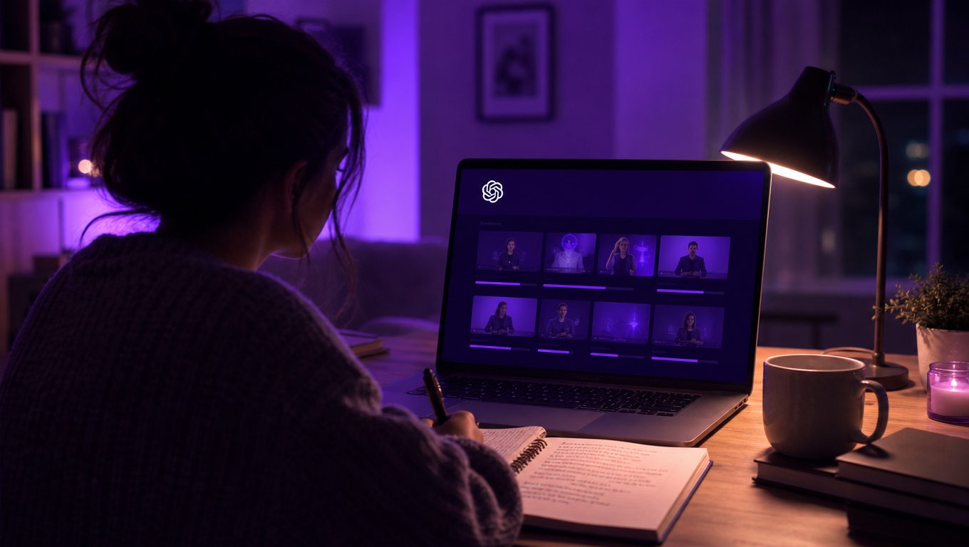 Apprenante suivant un cours OpenAI Academy le soir sur son ordinateur portable
