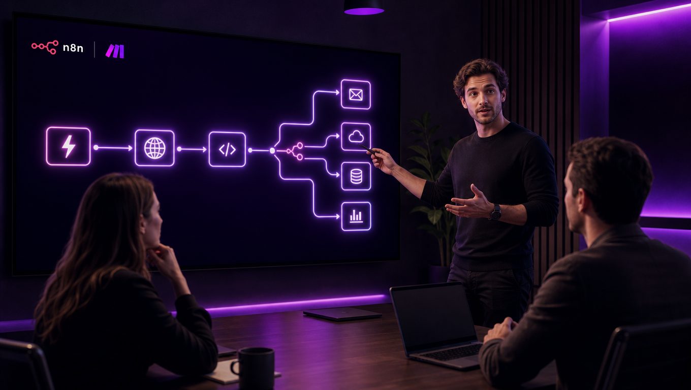 Consultant présentant un workflow d'automatisation n8n et Make à un client de PME