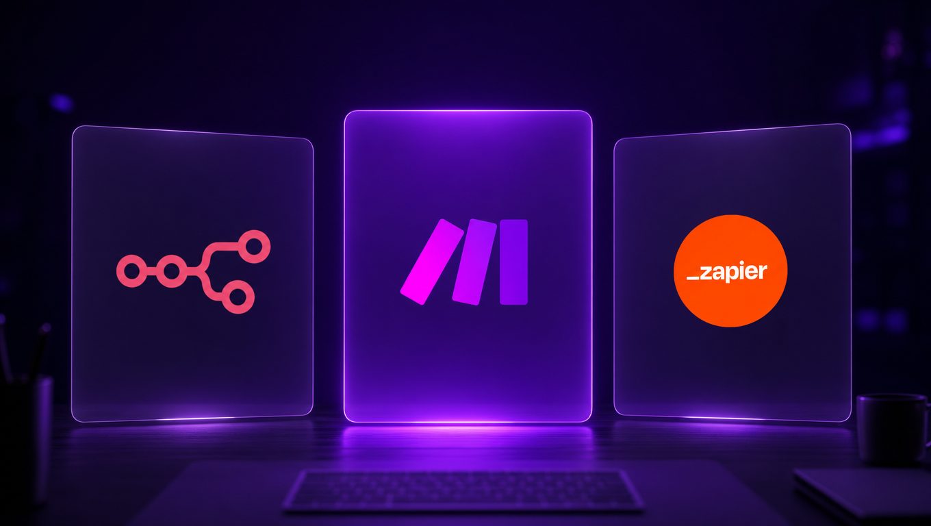 Logos n8n, Make et Zapier comparés sur trois panneaux lumineux