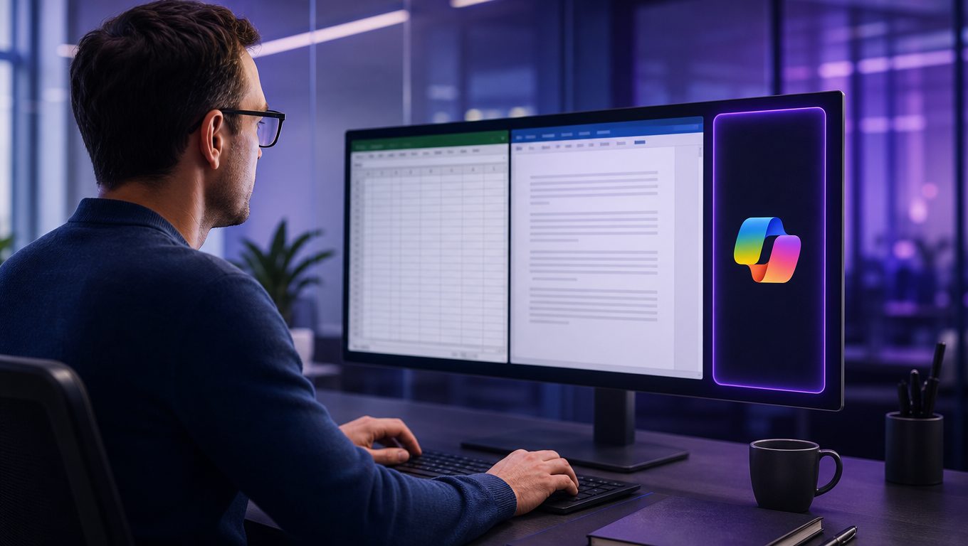 Salarié utilisant Microsoft Copilot à côté d'Excel et de Word sur son écran de bureau