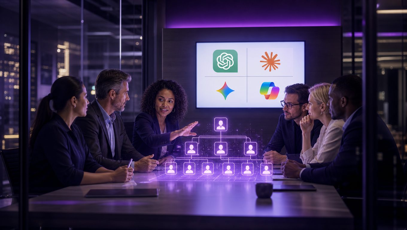 Comité de direction examinant un organigramme de gouvernance IA avec logos des outils au mur