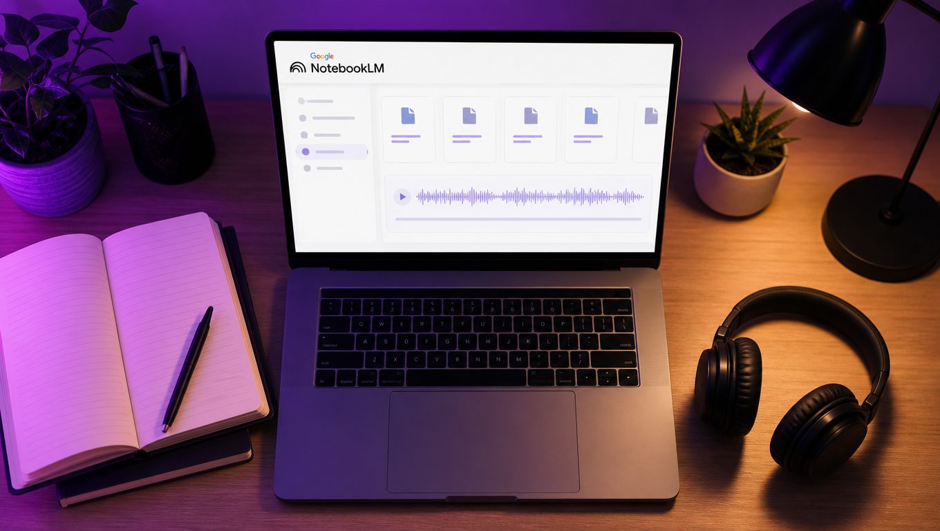 NotebookLM de Google ouvert sur un bureau d'étude avec carnet et casque audio