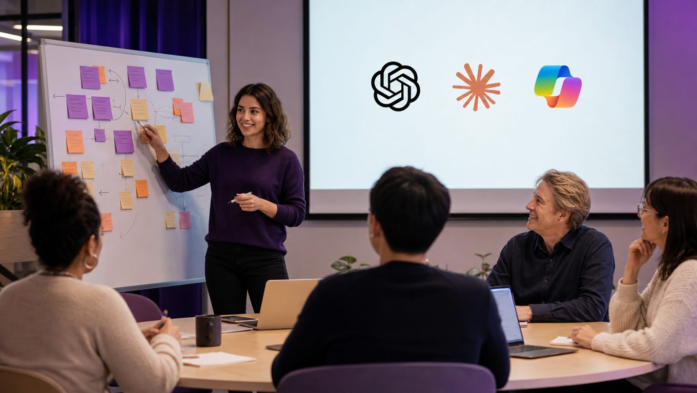 Atelier de conduite du changement IA, facilitatrice au tableau blanc devant une équipe