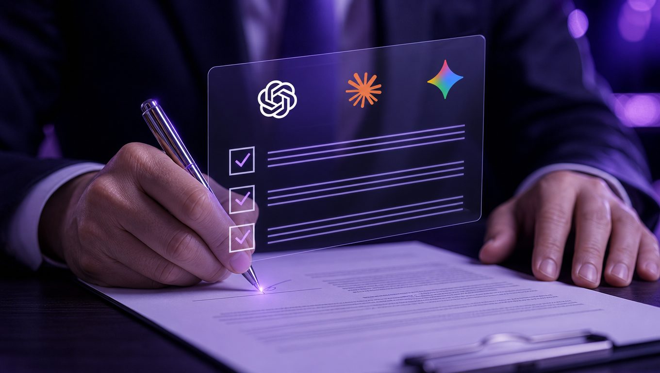 Dirigeant signant une charte IA d'entreprise, checklist numérique et logos d'outils IA en surimpression