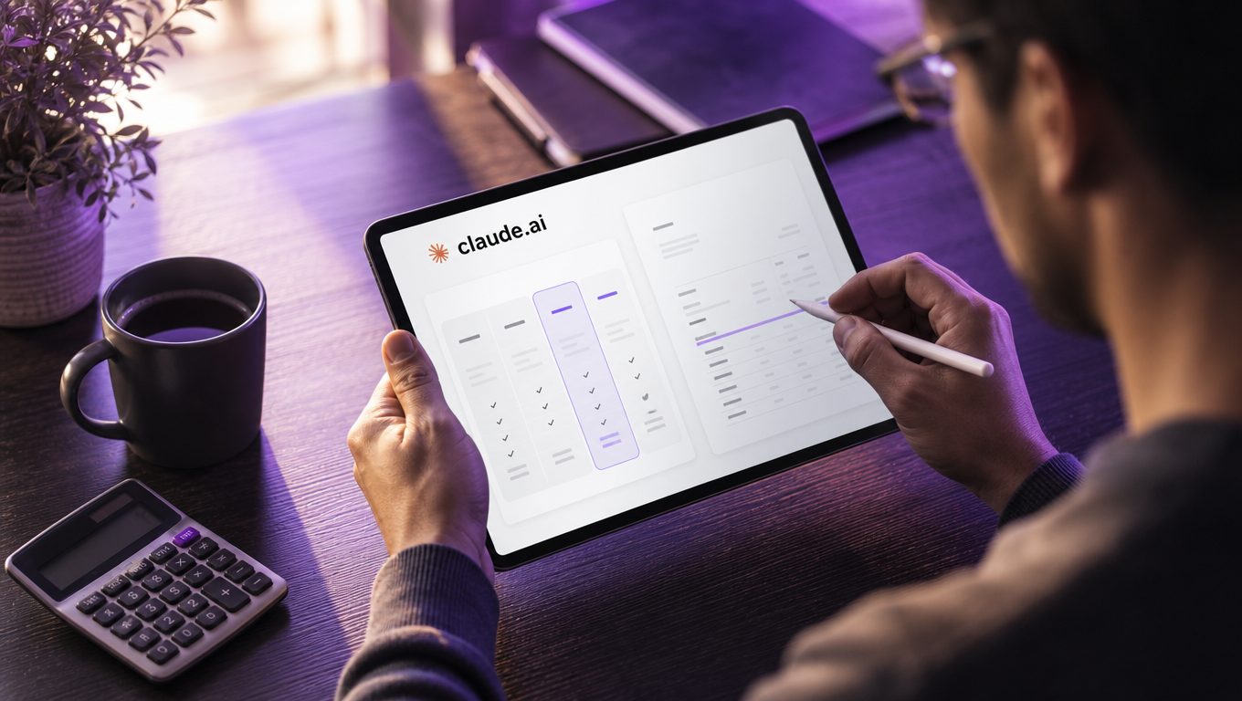 Freelance vérifiant sa grille tarifaire de consultant IA sur tablette avec calculatrice