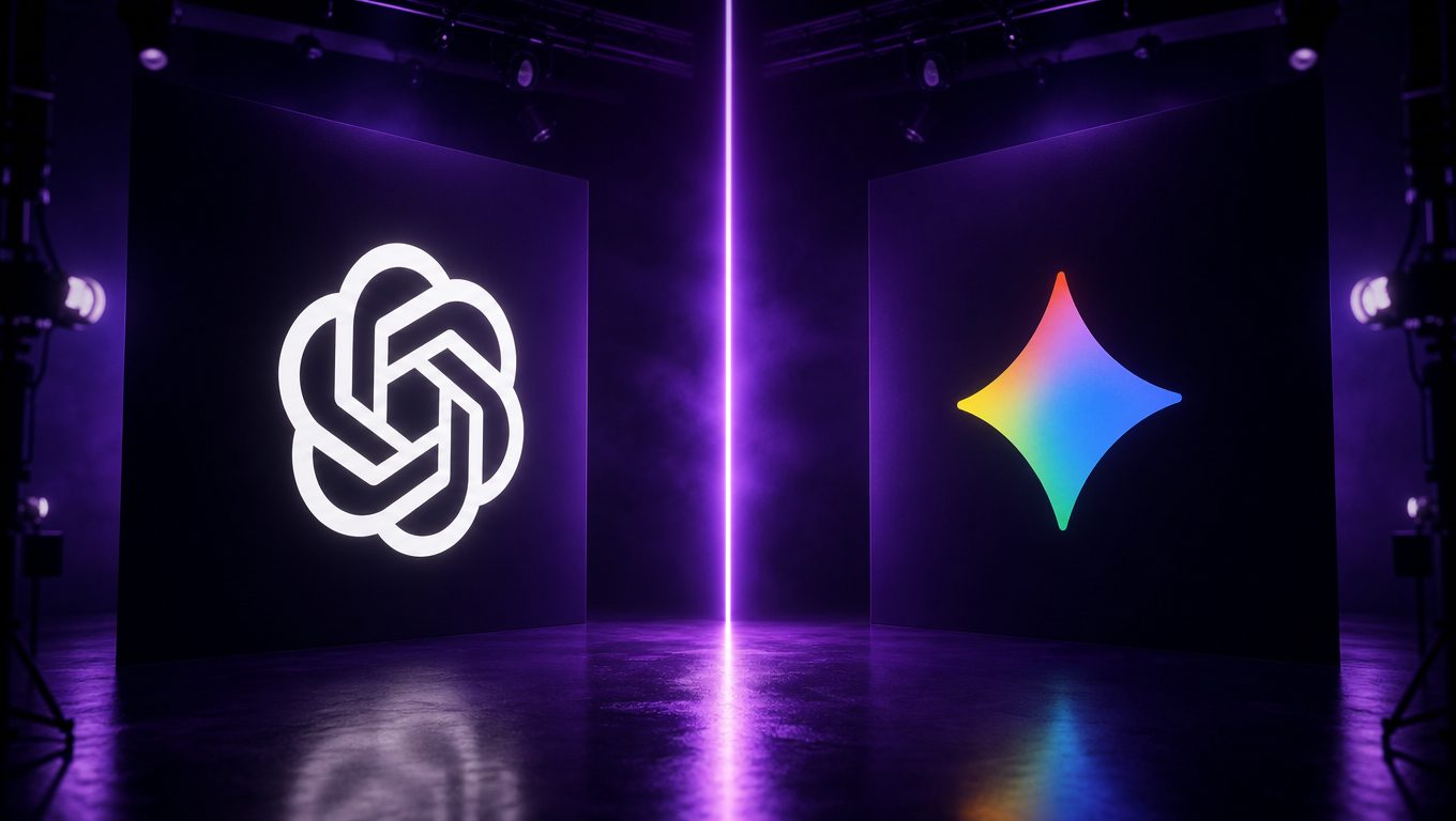 Face-à-face des logos OpenAI et Google Gemini sur deux écrans de studio, duel Sora contre Veo