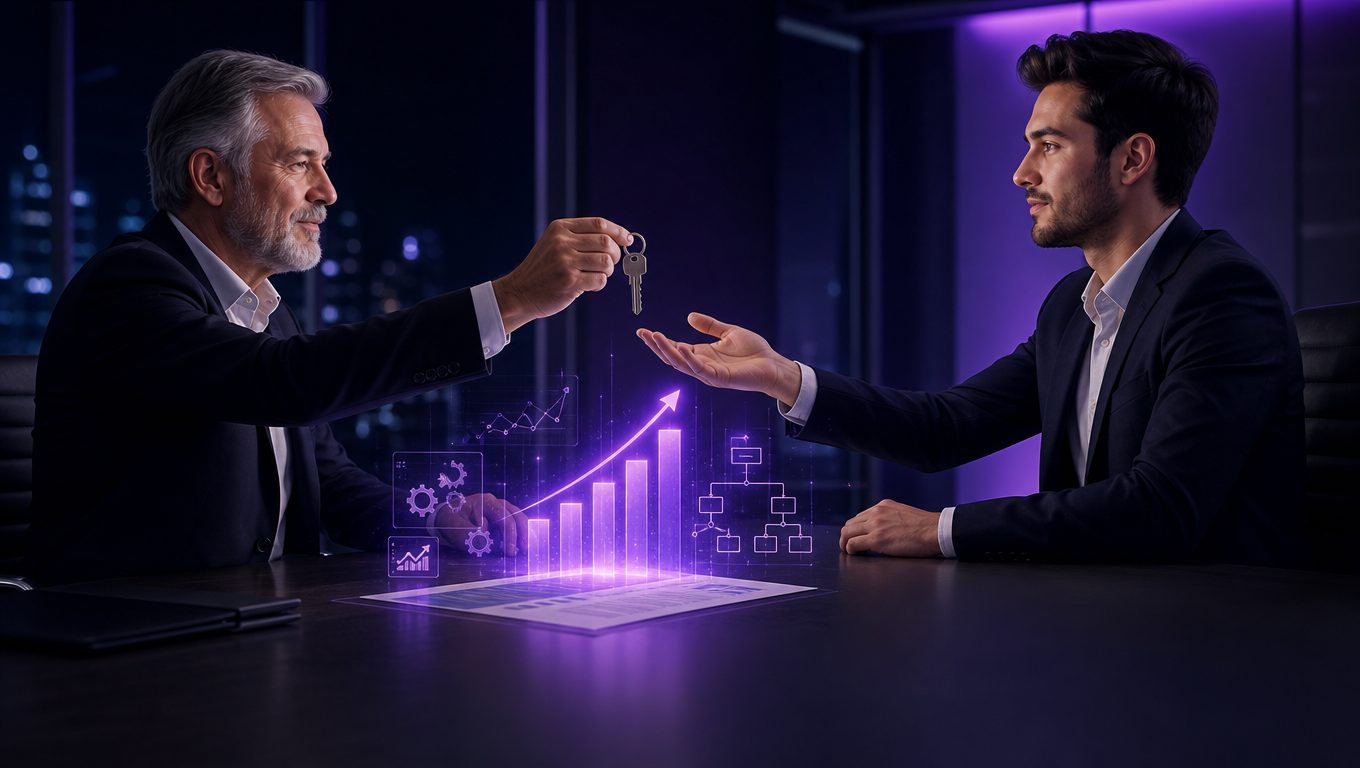 Cédant remettant les clés de son entreprise à un repreneur, courbes de croissance et workflows IA holographiques