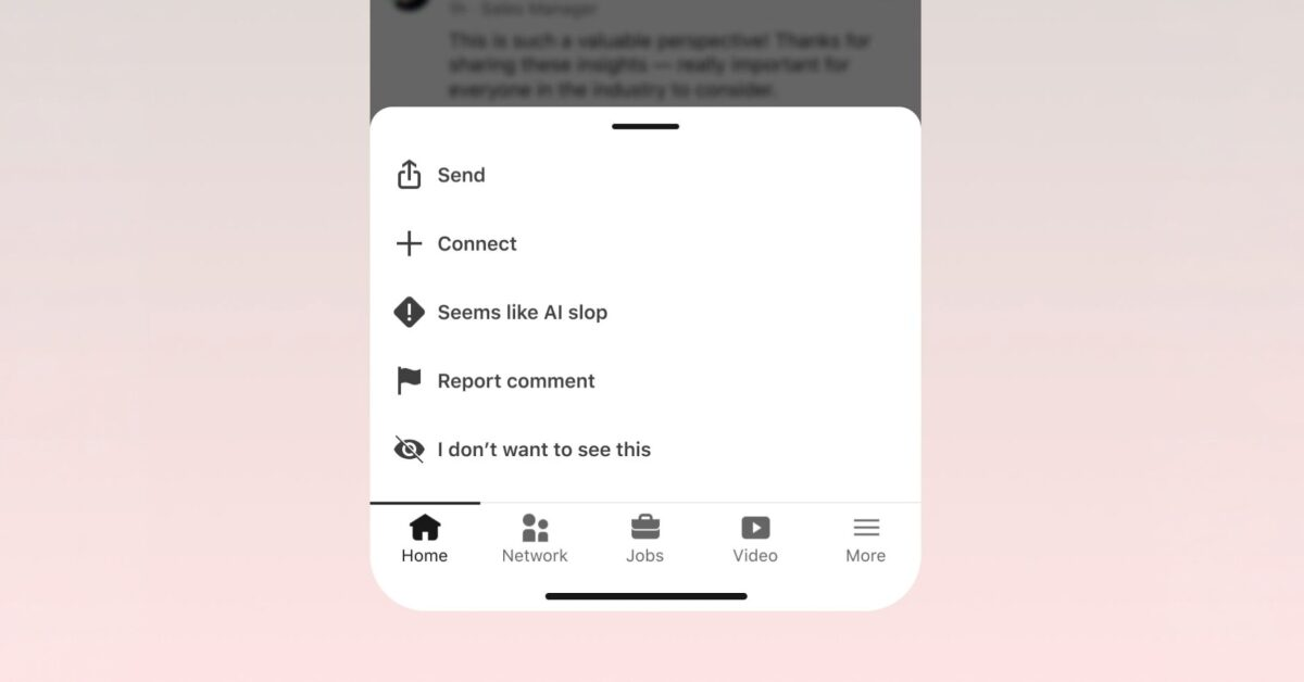 Capture d'écran du bouton Seems like AI slop sur LinkedIn