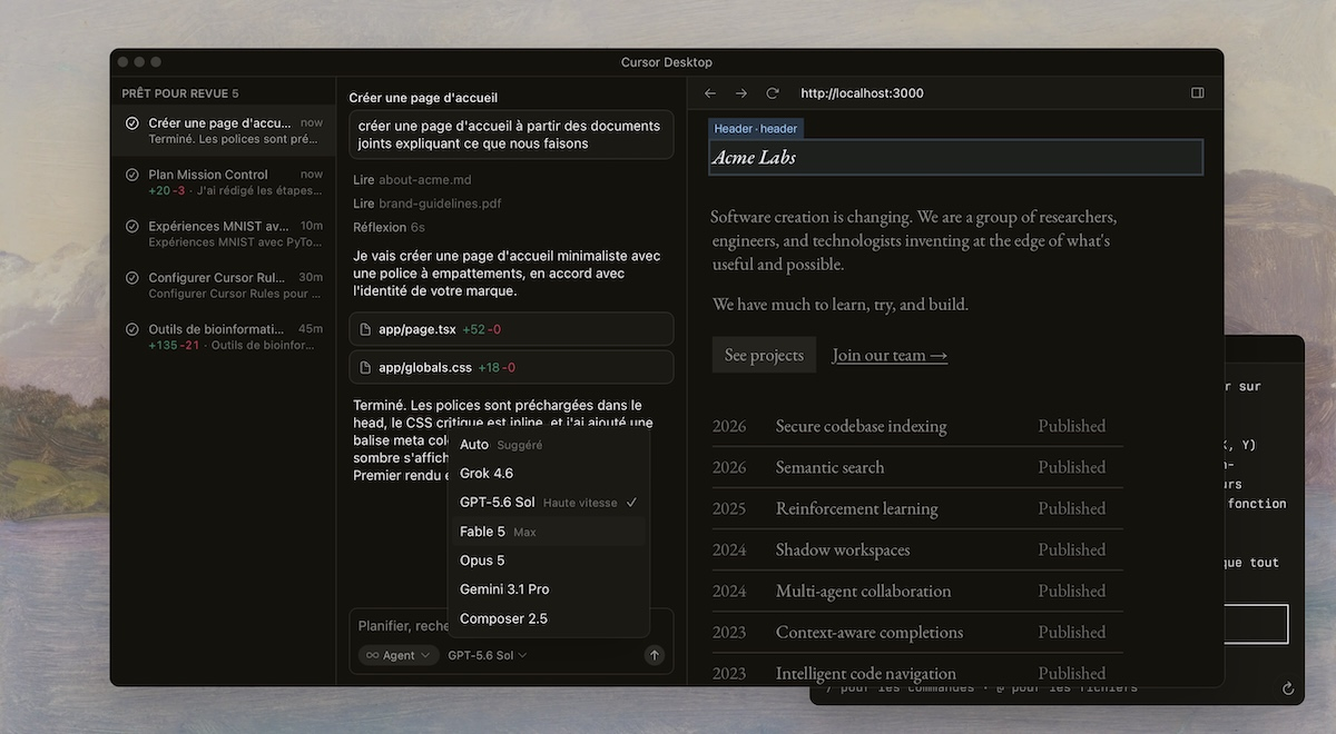 Interface de l'editeur Cursor Desktop avec selection de modeles IA, illustration de l'article OpenAI et Cursor