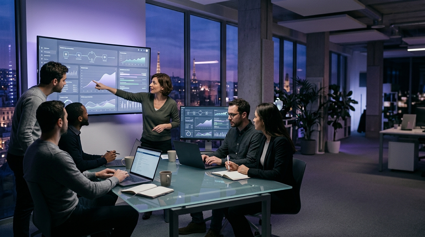 Agent IA en entreprise : équipe suivant le déploiement et le ROI sur un dashboard