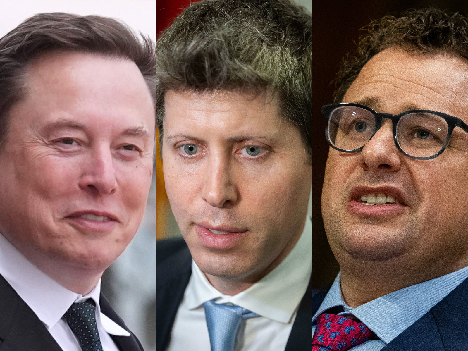 Portraits d'Elon Musk, Sam Altman et Demis Hassabis, qui ont reagi a l'essai de Dario Amodei sur le rythme de developpement de l'IA.