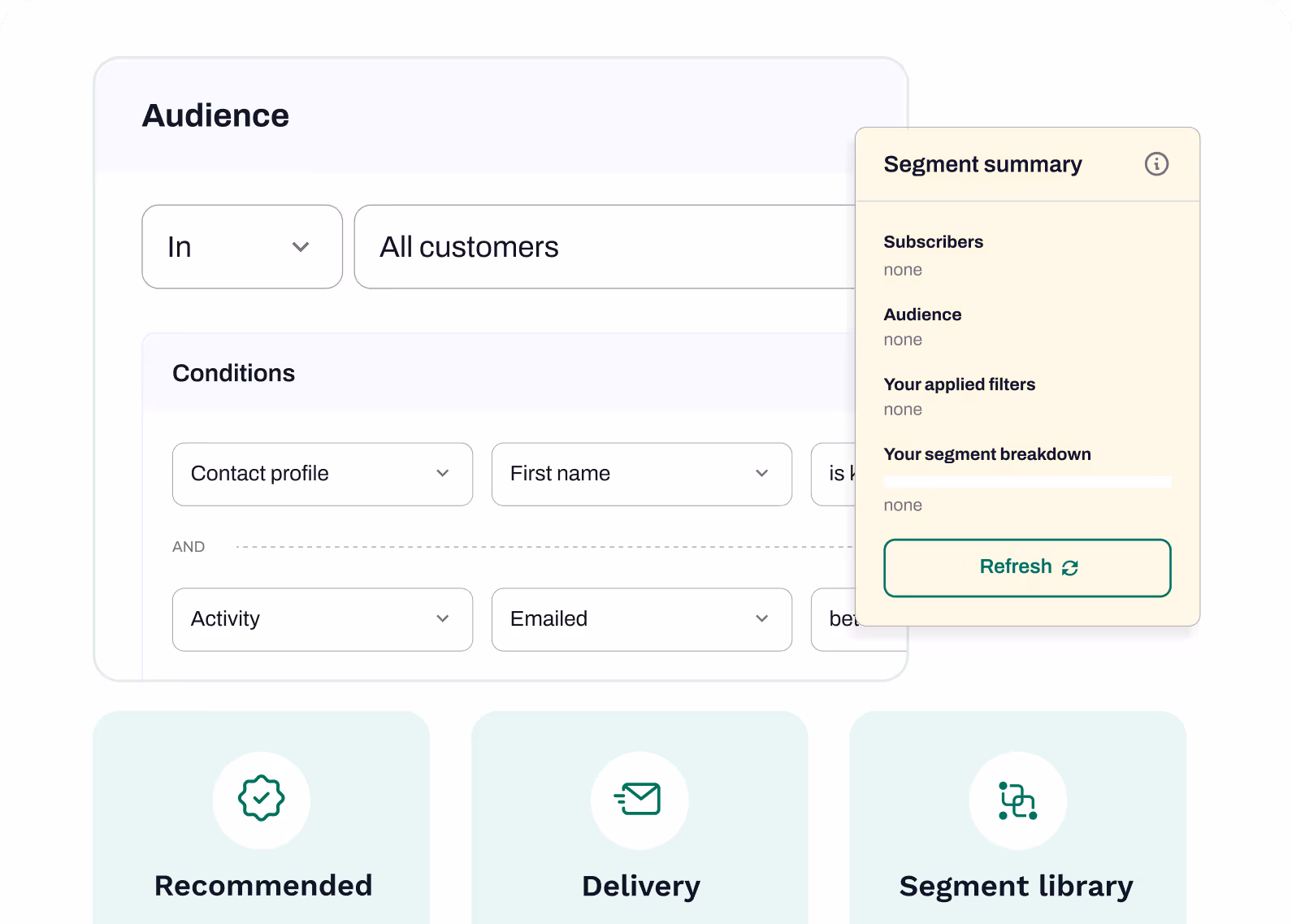 User interface for audience segmentation showing filters for contact profile first name and activity emailed, with a segment summary panel displaying no subscribers or audience.