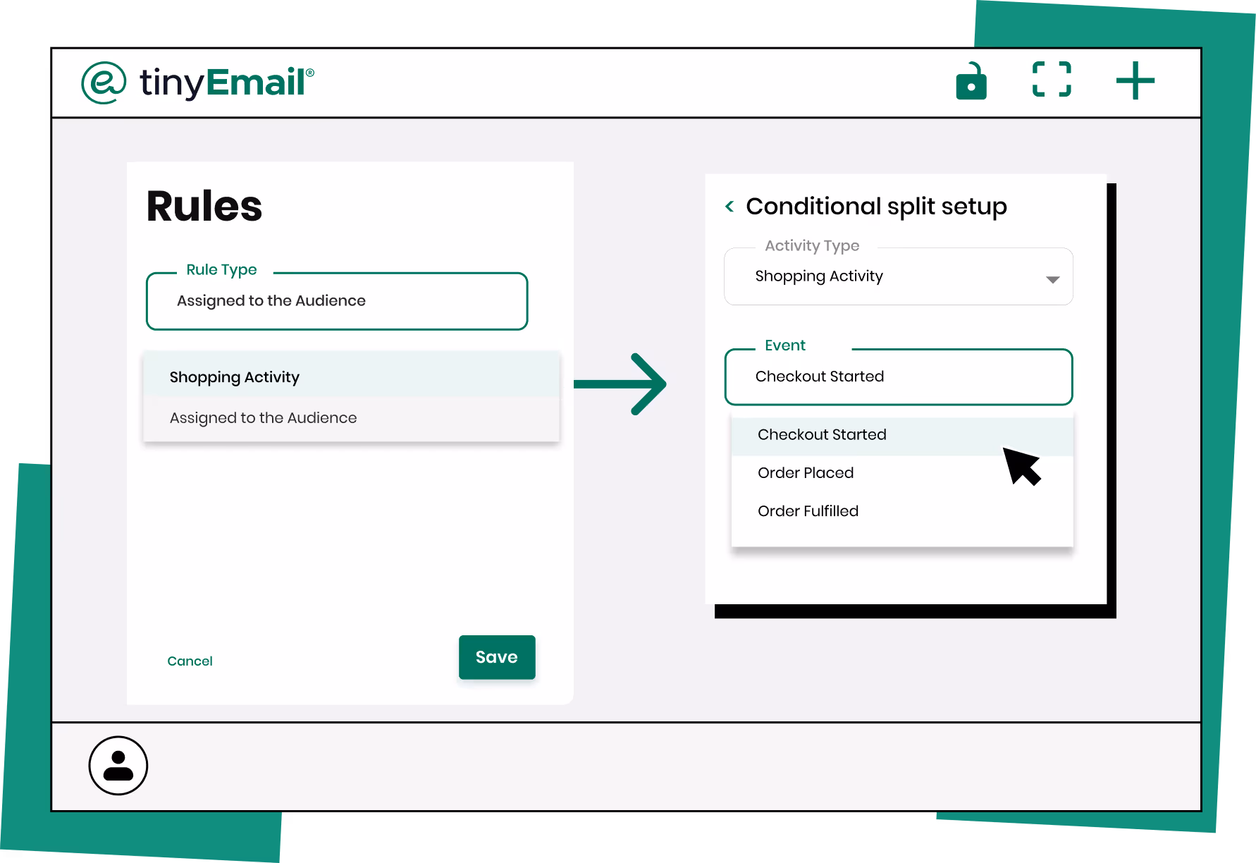 tinyEmail interface showing rule creation with 'Assigned to the Audience' selected as Rule Type, and conditional split setup for Shopping Activity with Event options including Checkout Started, Order Placed, and Order Fulfilled.