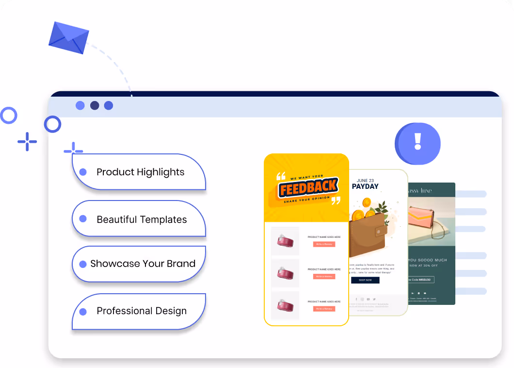 Browser window illustration showing email marketing features: product highlights, beautiful templates, brand showcasing, and professional design with sample email templates and a flying envelope icon.