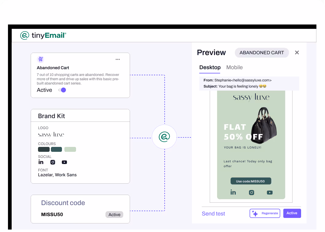 Screenshot of tinyEmail interface showing an active abandoned cart campaign for 'sassy luxe' with brand kit details and a 50% off discount code MISSU50 previewed on a mobile email layout.