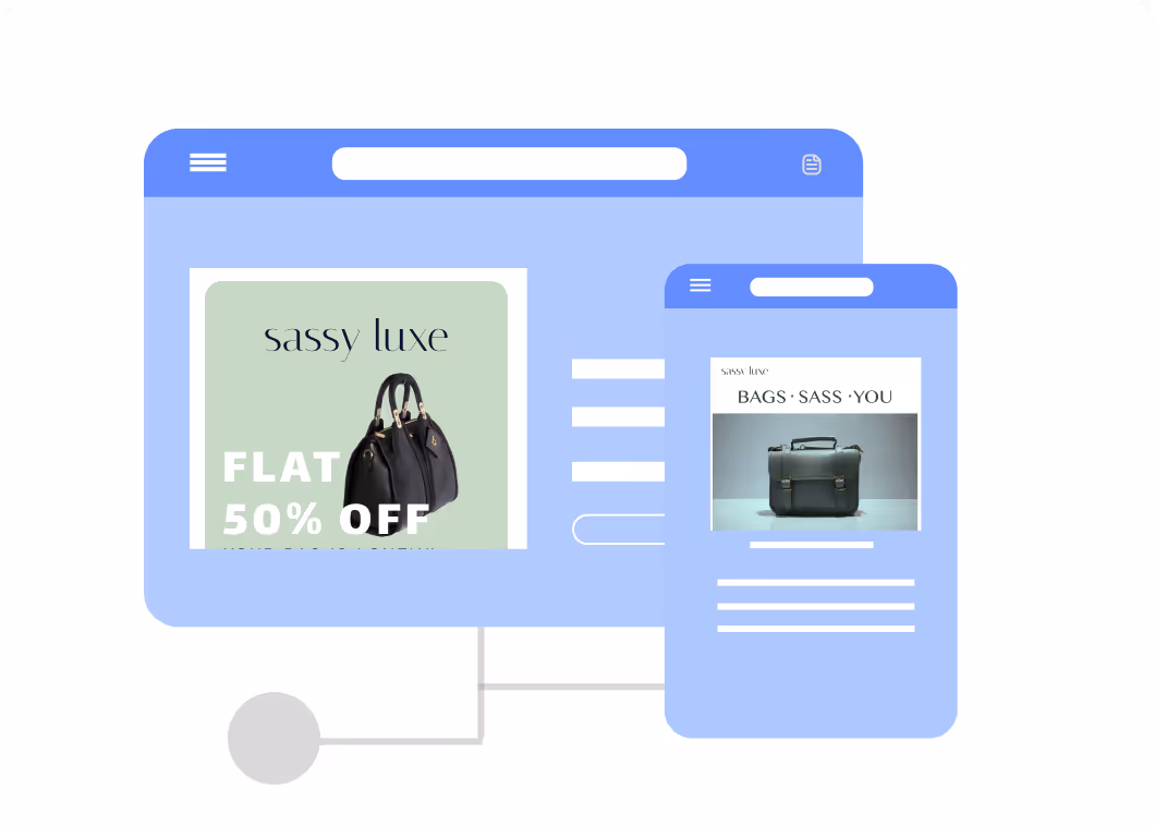 Digital illustration showing a desktop and mobile website for the brand Sassy Luxe, featuring handbags and promotional text for a 50% off sale.