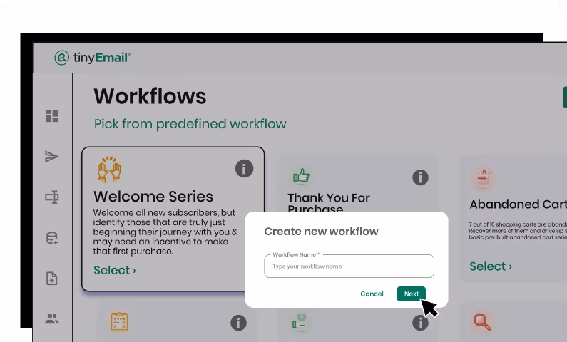 Email marketing dashboard showing 'Workflows' with options like Welcome Series and Thank You For Purchase and a pop-up window to create a new workflow by typing a name.