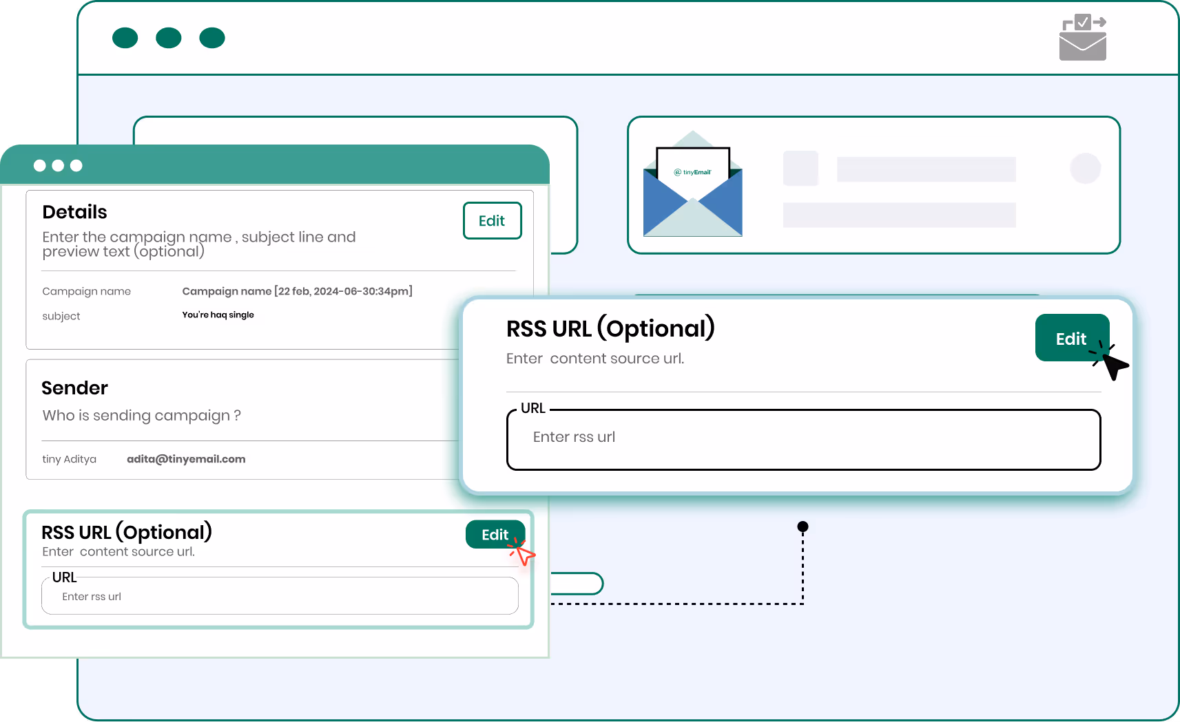 User interface showing email campaign details with fields for campaign name, subject, sender email, and optional RSS URL input sections with Edit buttons.